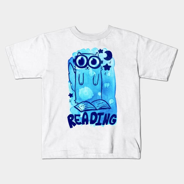 Reading Watercolor Cat Kids T-Shirt by saradaboru